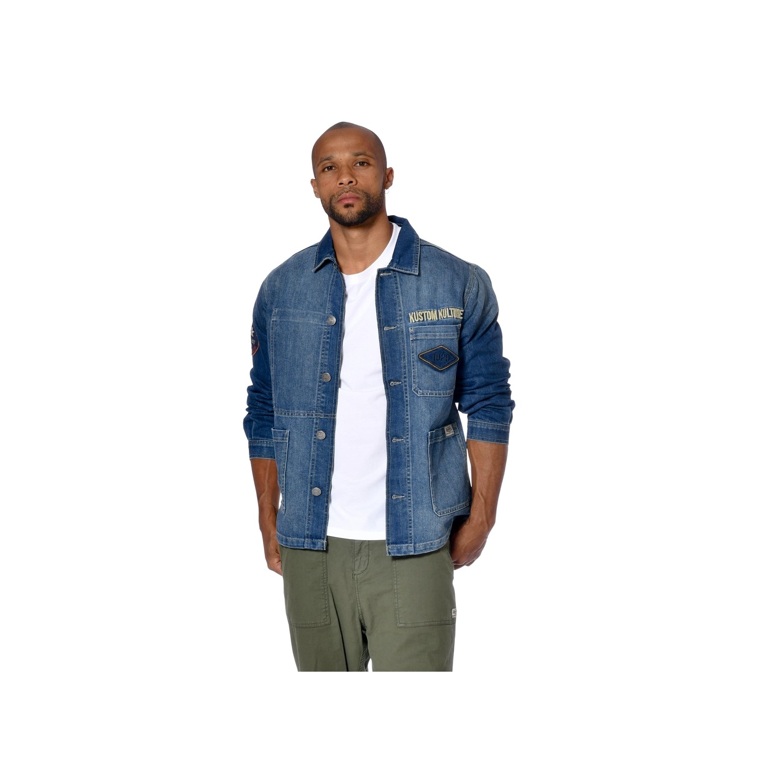 Veste homme zippée en denim et broderies dos Baker