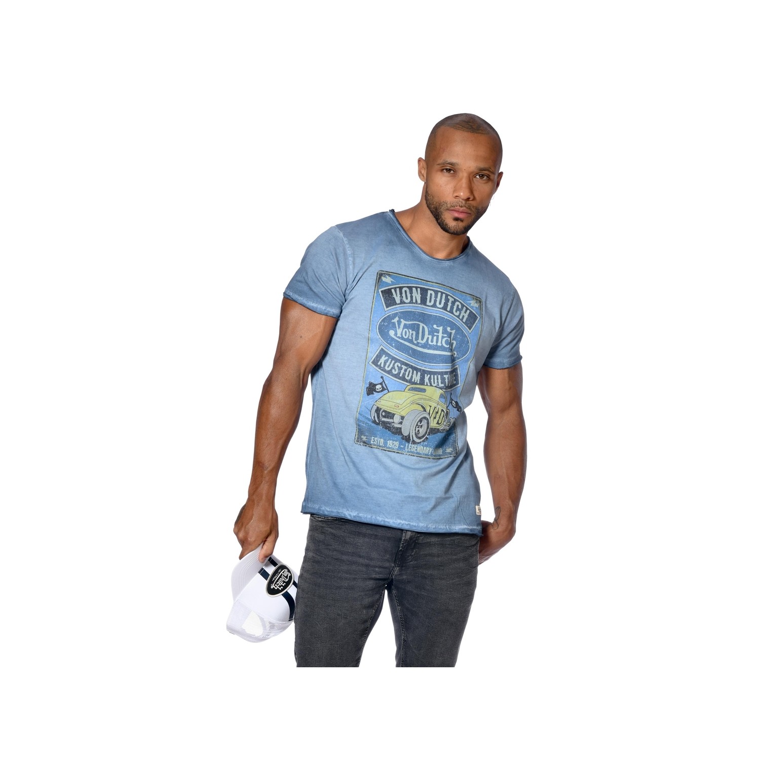 T-shirt homme col rond coupe droite effet usé print devant Kolt