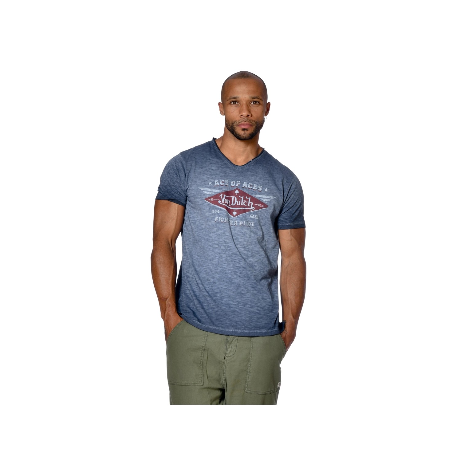 T-shirt homme col V coupe droite imprimé devant Ace