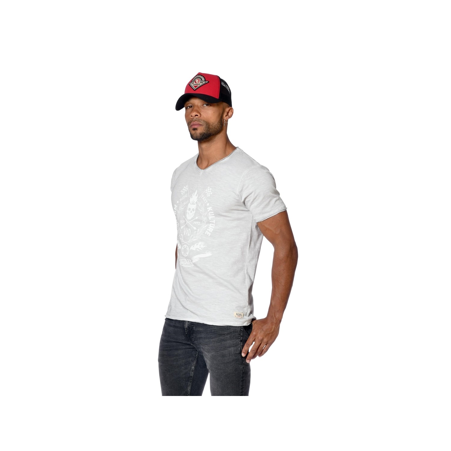 T-shirt homme col V coupe droite effet usé print devant Game