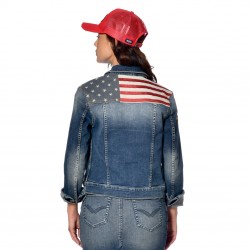 Veste denim femme écussons et drapeau USA brodé au dos Tracy