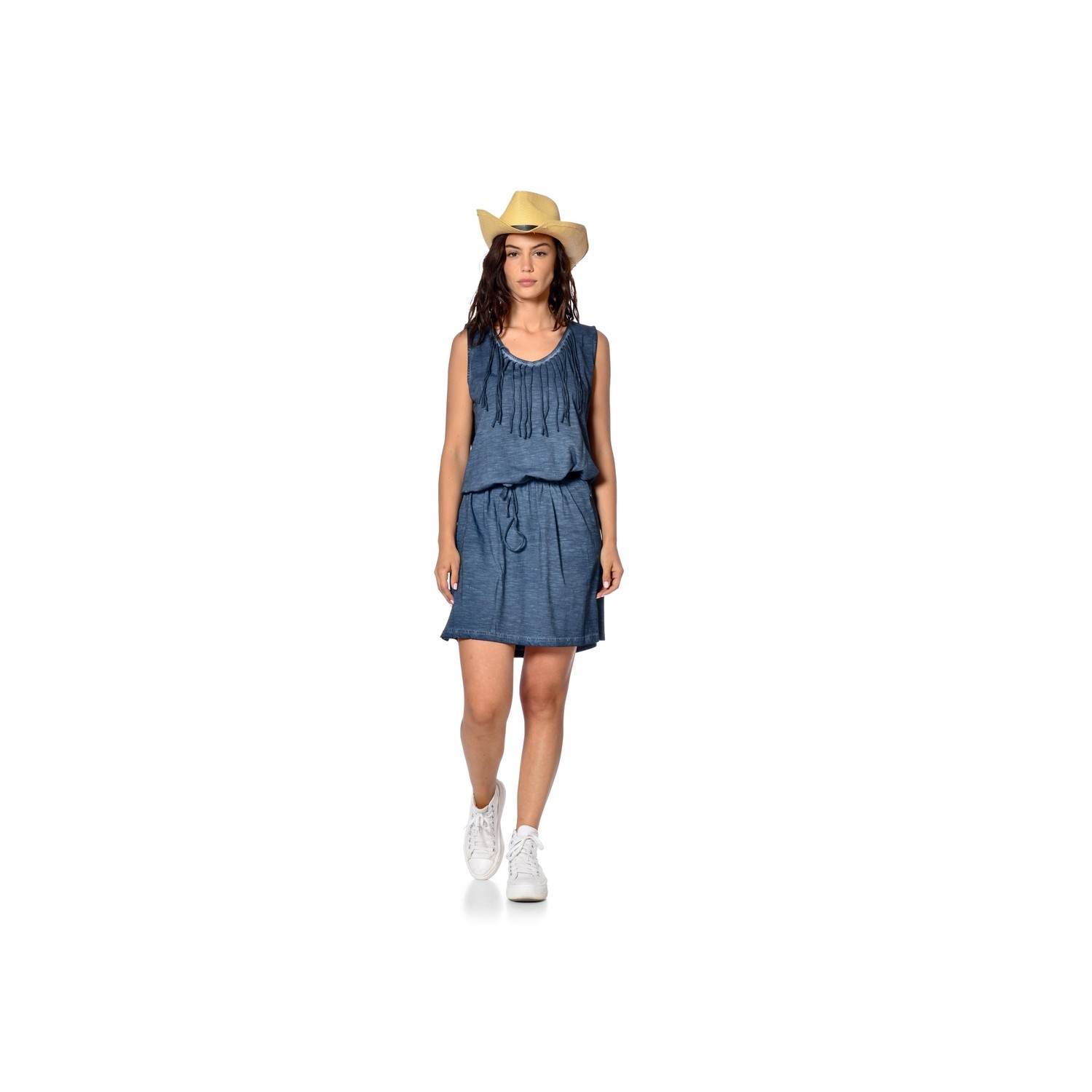 Robe denim léger sans manches avec franges devant Jenny Robe denim léger sans manches avec franges devant Jenny