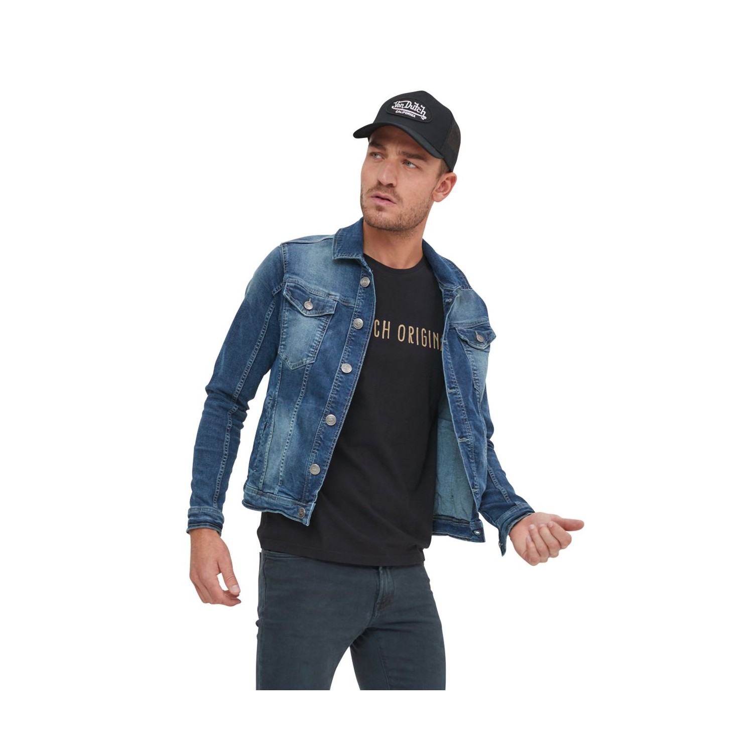 Veste homme denim stretch délavée et patch au dos Heri