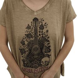 T-shirt femme col en V effet usé en coton Folk