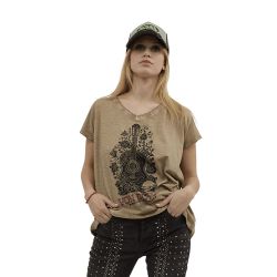 T-shirt femme col en V effet usé en coton Folk