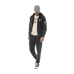 Sweat zippé homme à capuche en molleton et acid wash avec patchs