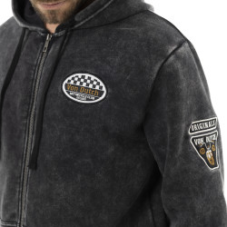 Sweat zippé homme à capuche en molleton et acid wash avec patchs