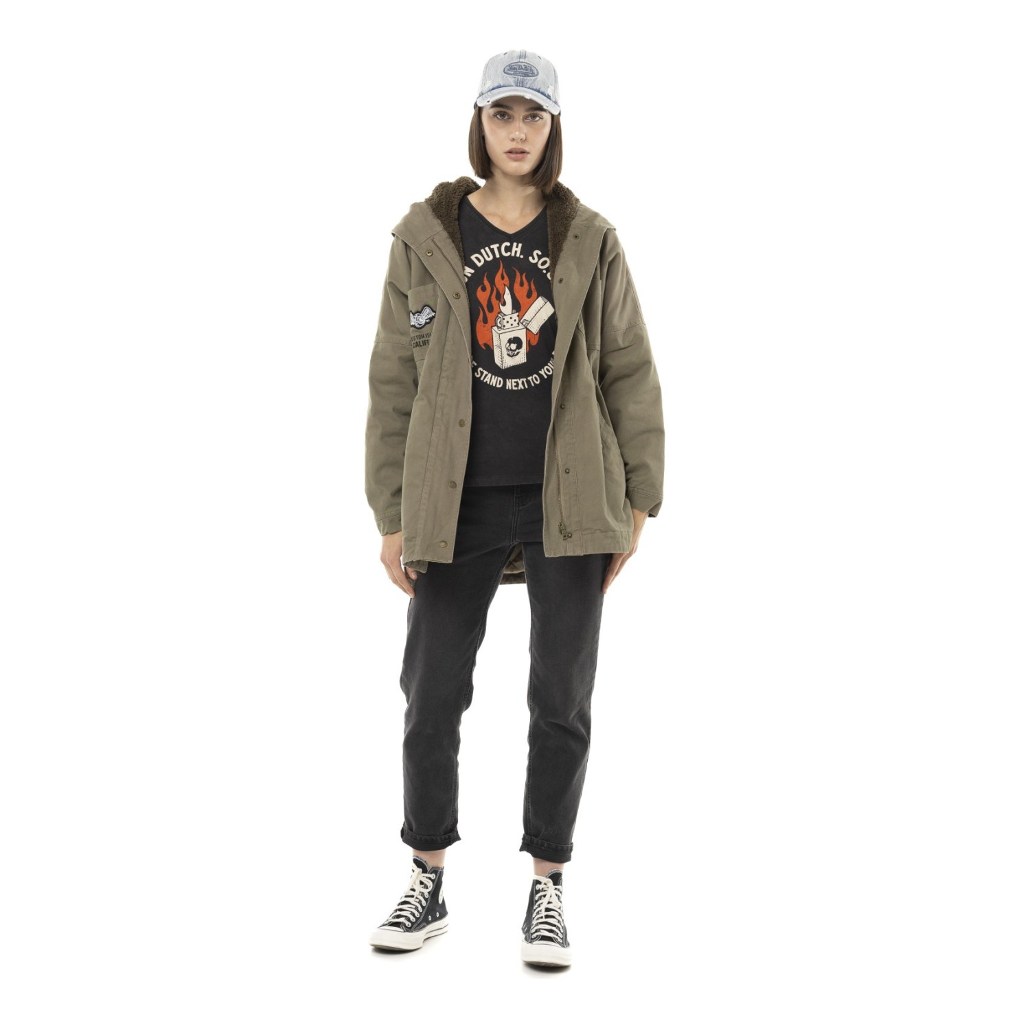 Veste femme à capuche doublée fausse fourrure avec patchs Sahaca