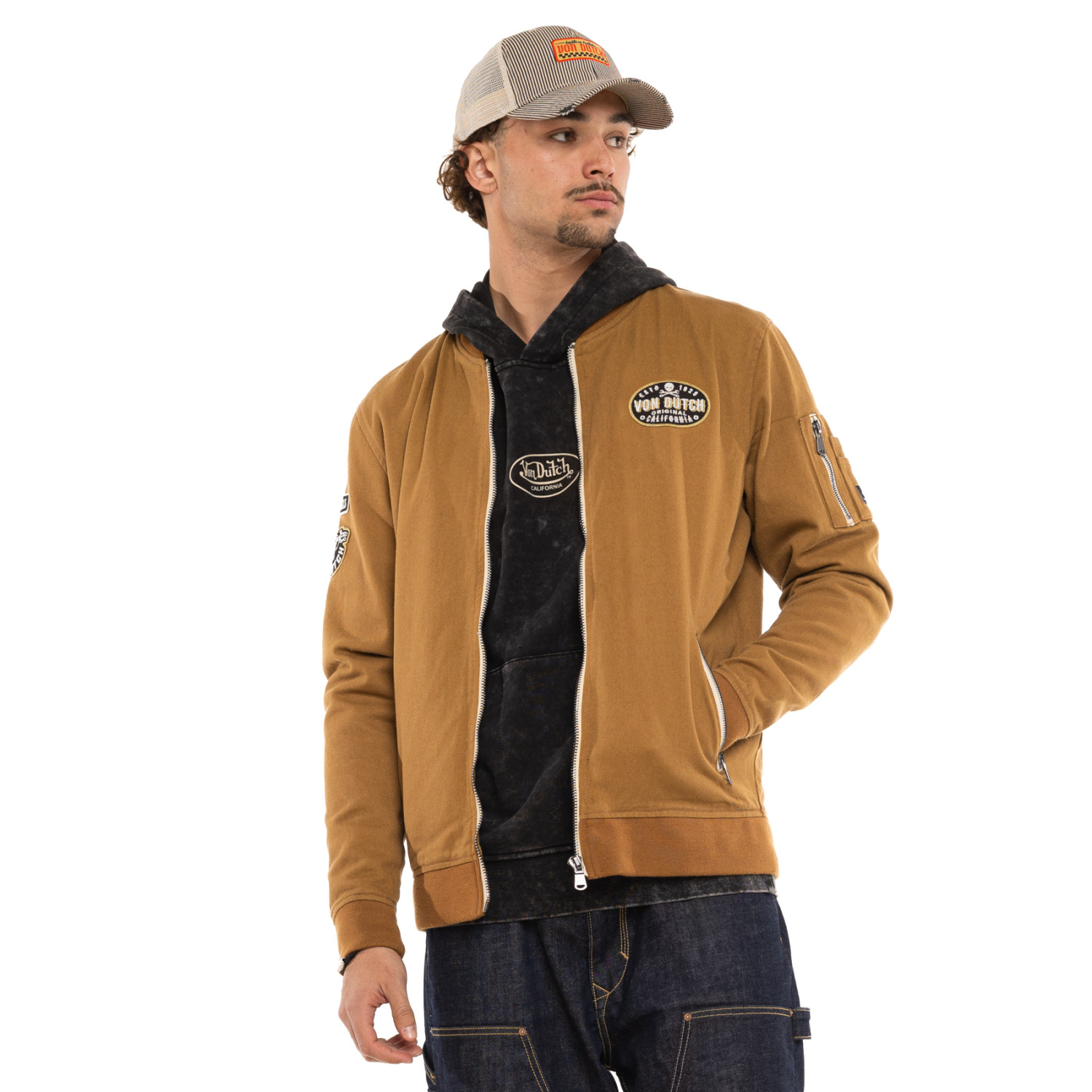 Veste zippée légère homme type bombers avec patchs Larry