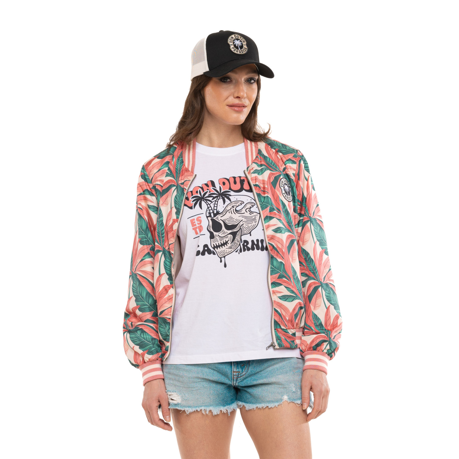 Veste femme satinée allover print avec patch et fil lurex Tropical