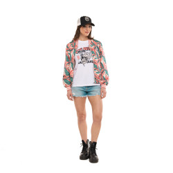 Veste femme satinée allover print avec patch et fil lurex Tropical
