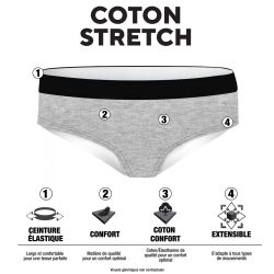 Lot de 3 slips femme  en coton uni et imprimé ceinture fine 2cm BWF