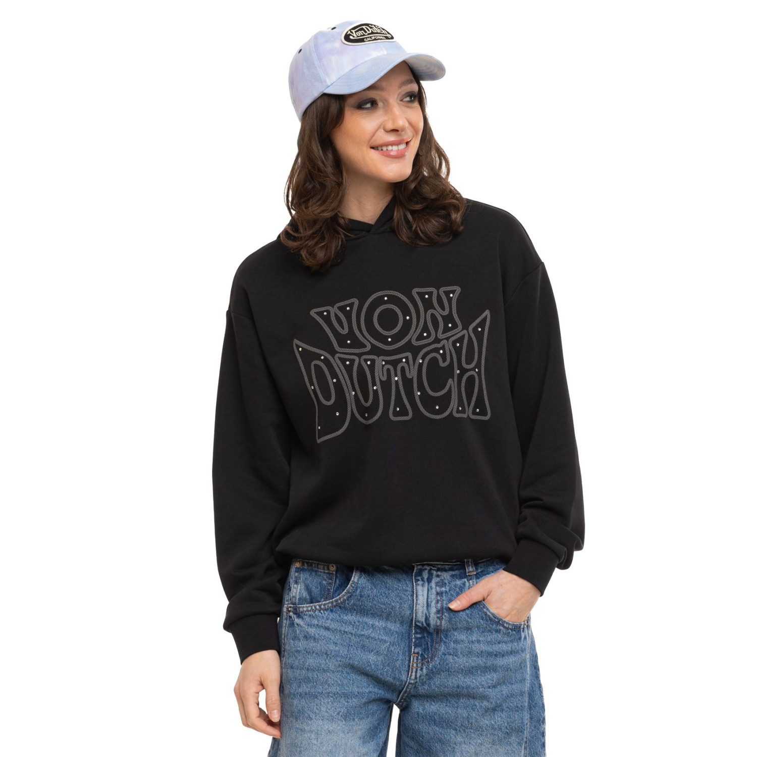 Sweat à capuche femme relax fit avec broderie et strass devant Chain
