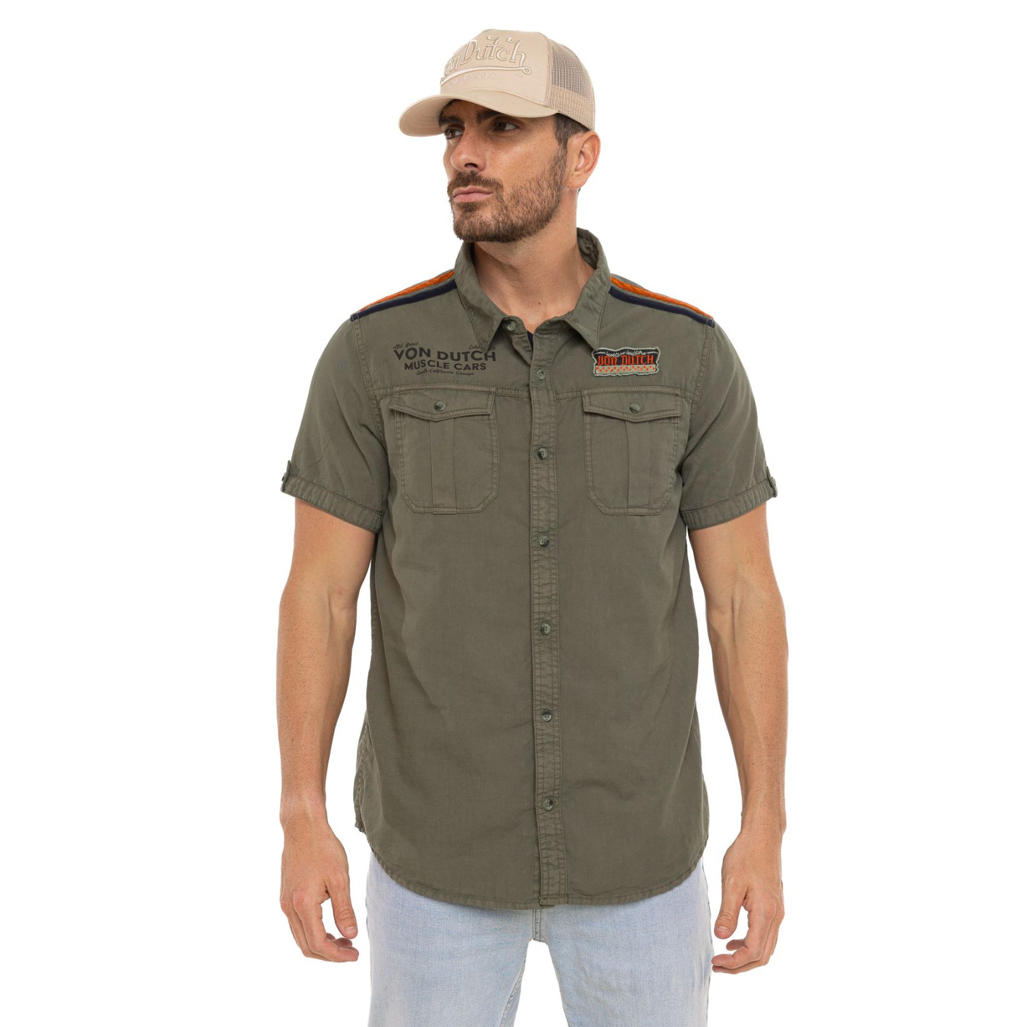 Chemise homme manches courtes en popeline avec patch et print Box