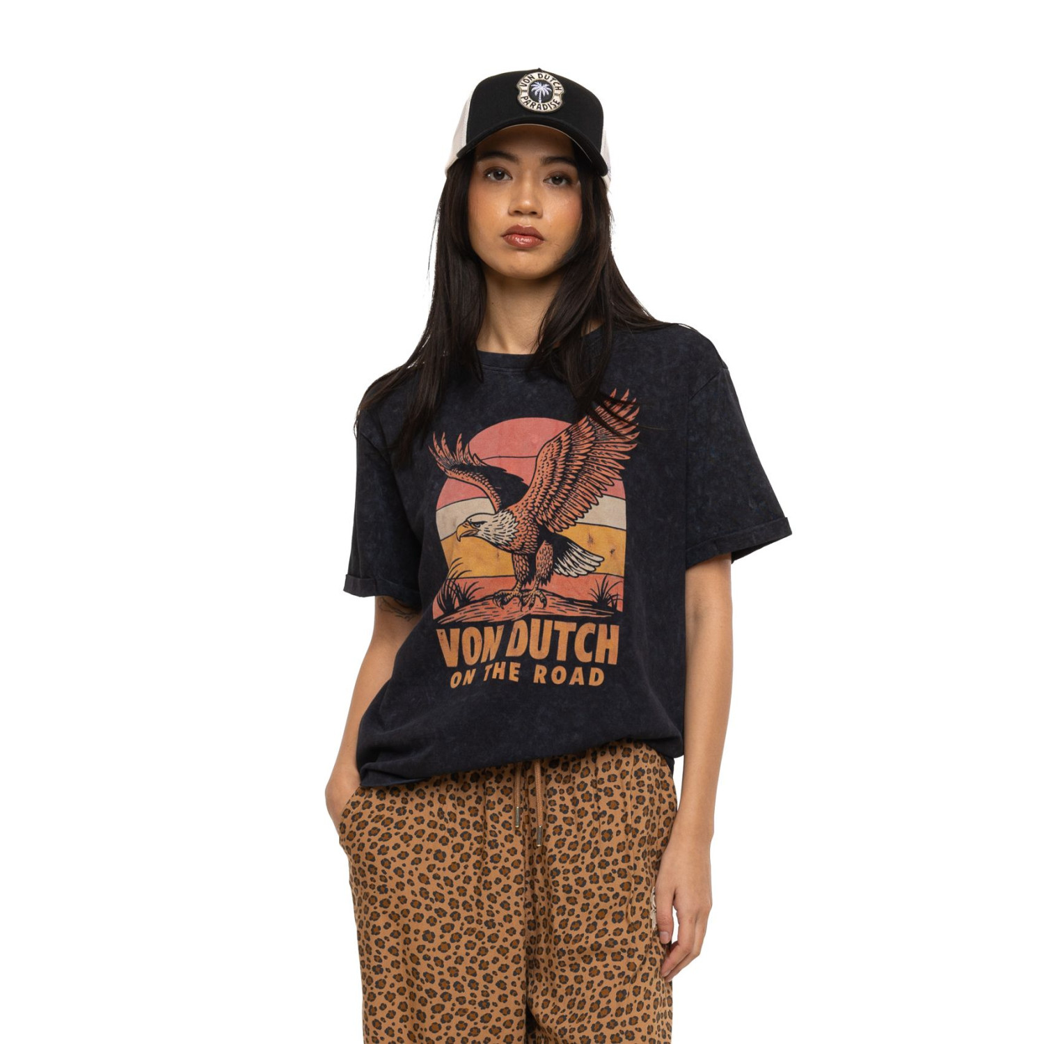 T-shirt femme col rond regular acid wash print devant et dos Eagle