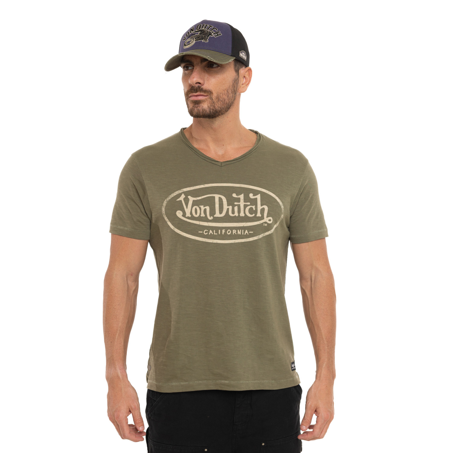 T-shirt homme en jersey col V rouloté imprimé devant Ron