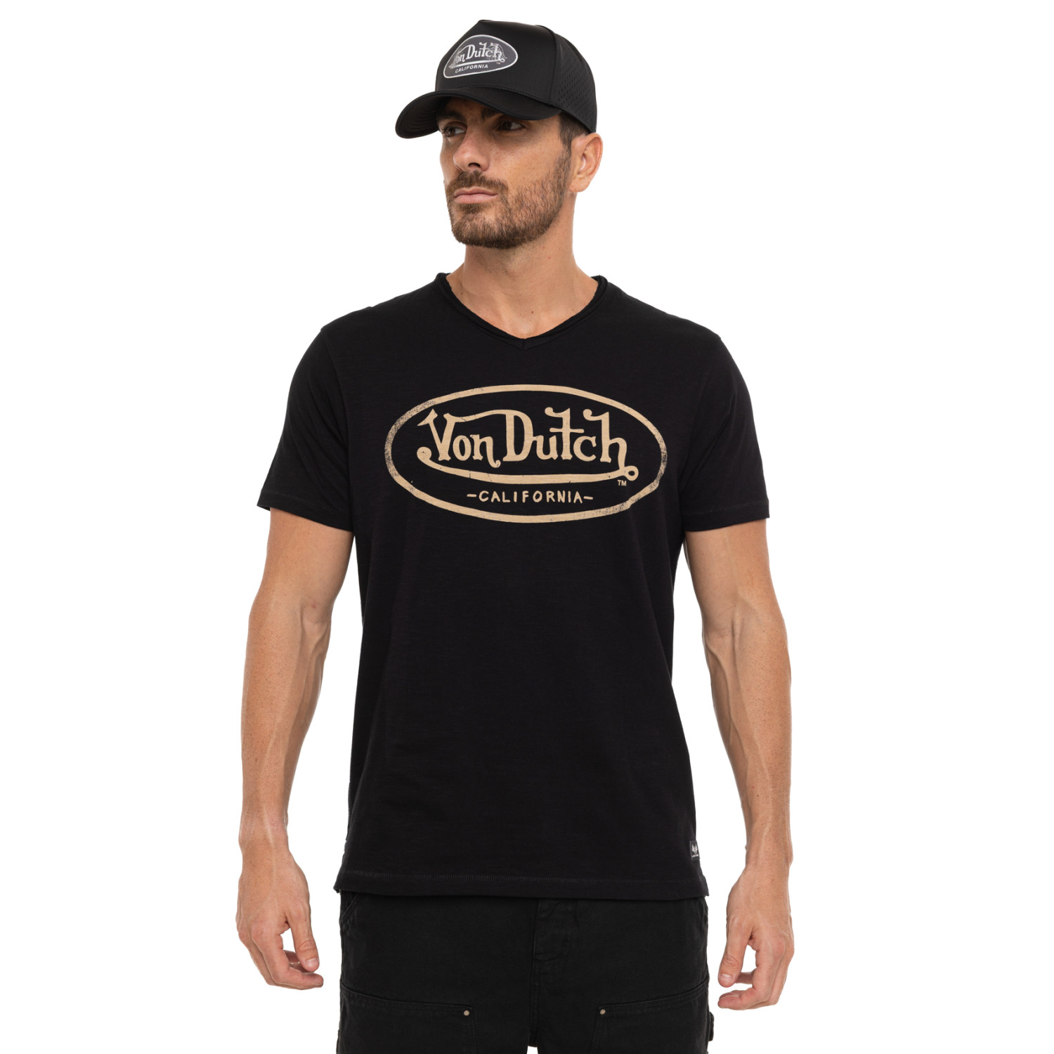 T-shirt homme en jersey col V rouloté imprimé devant Ron