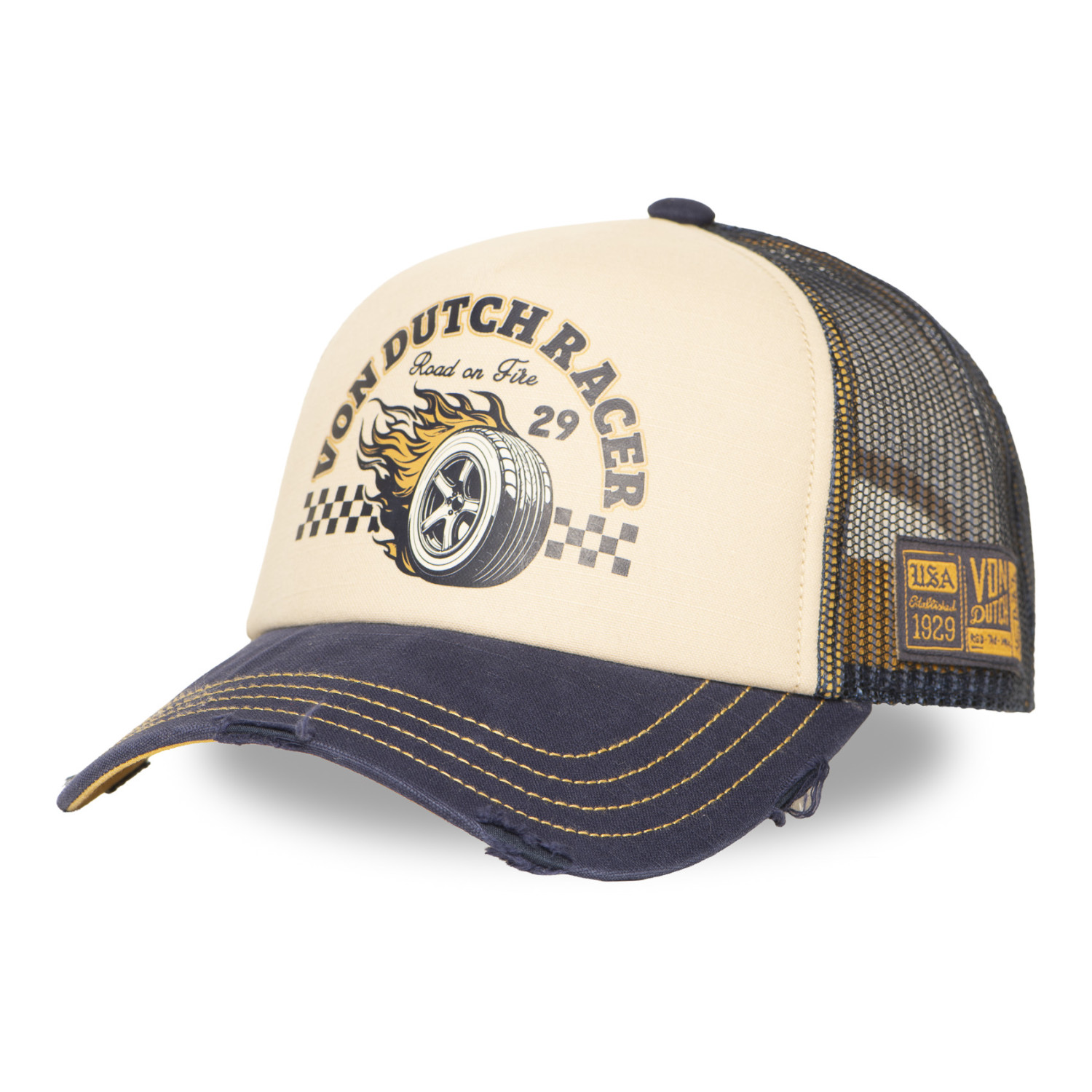Casquette trucker avec filet effet usé avec print Crew Hard Race