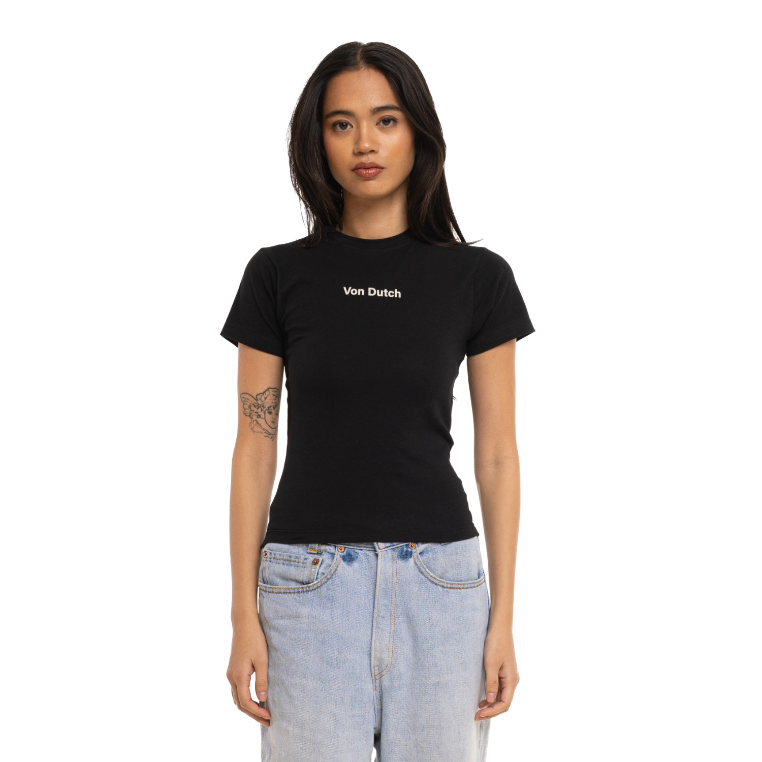 T-shirt femme moulant col rond print devant Flash