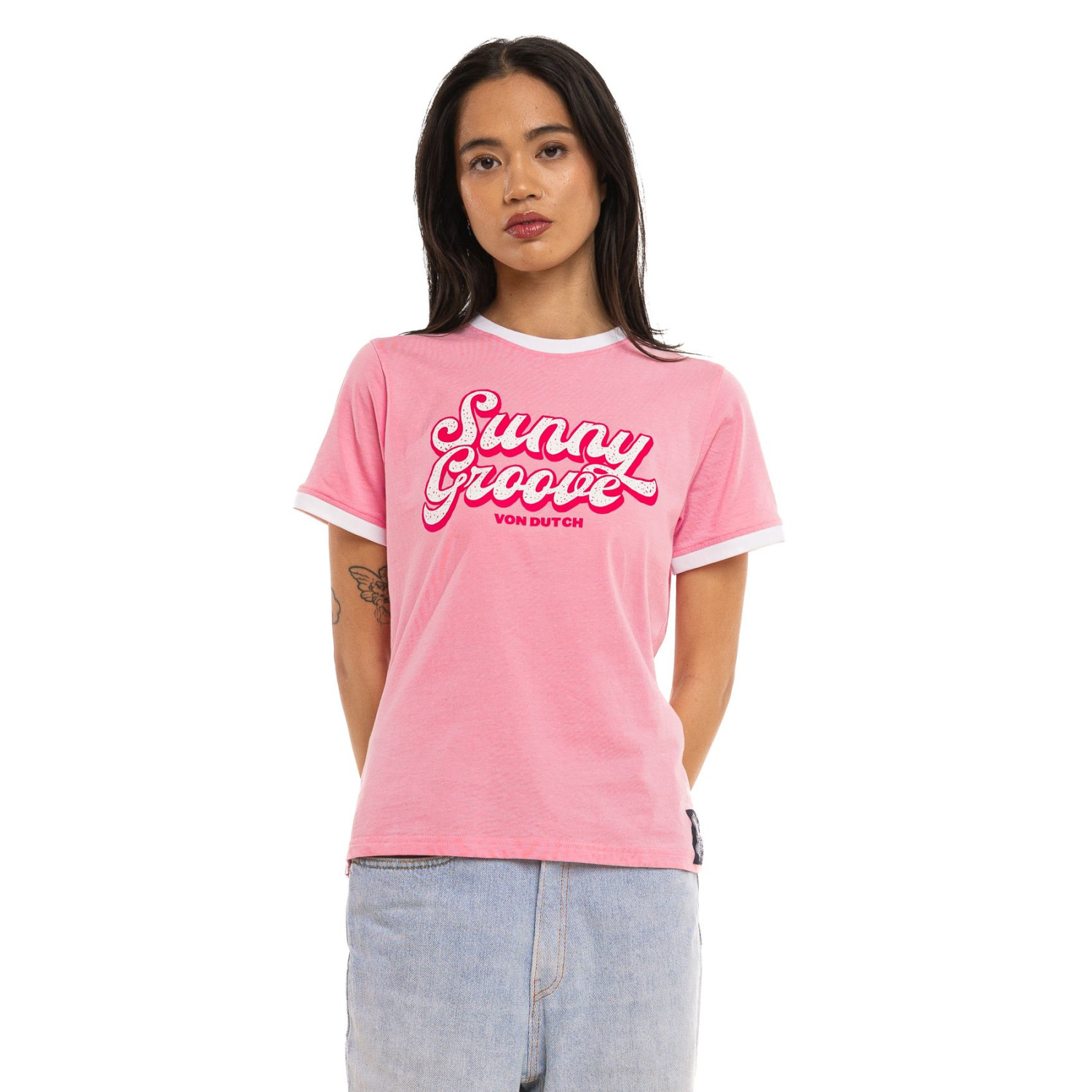 T-shirt femme col rond avec Rib contrastés et print devant Groovy