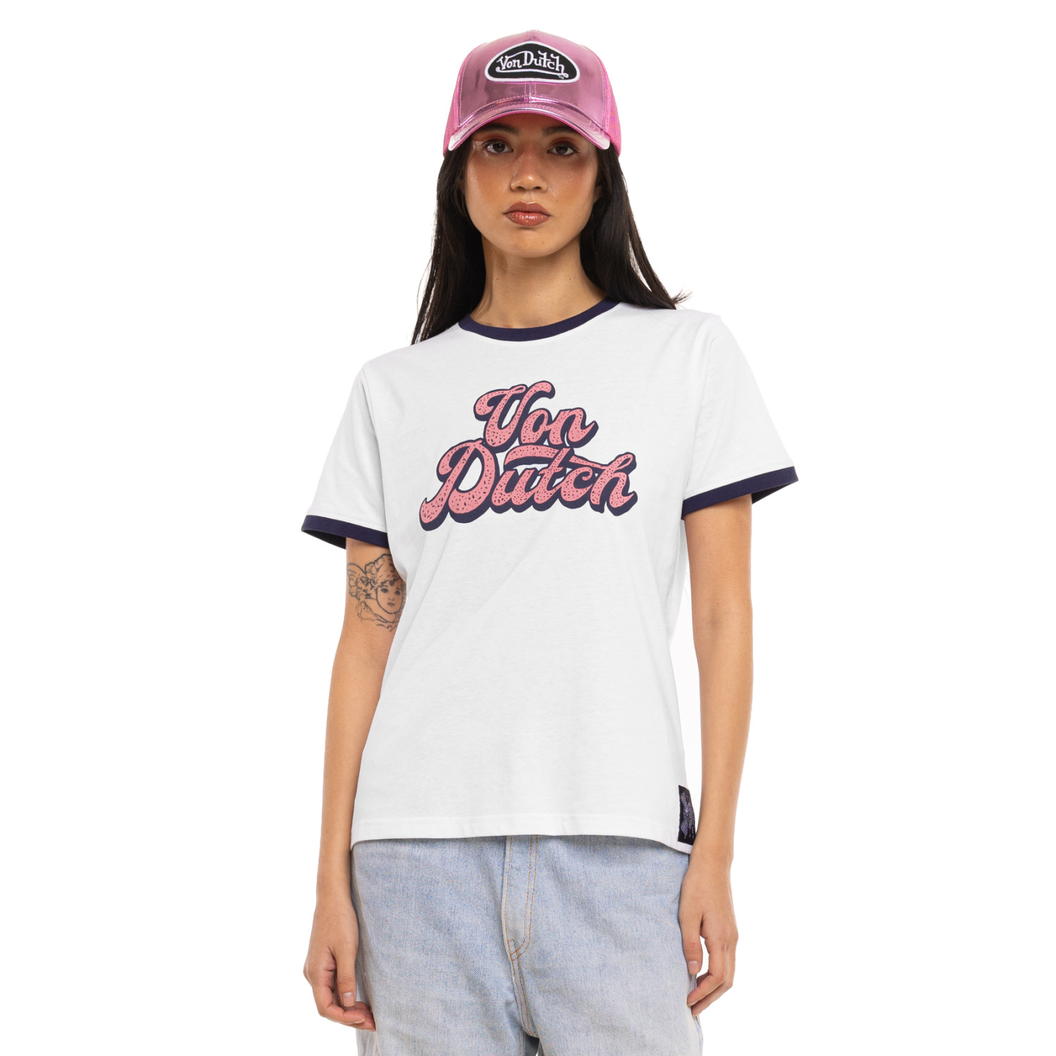 T-shirt femme col rond avec Rib contrastés et print devant Groovy