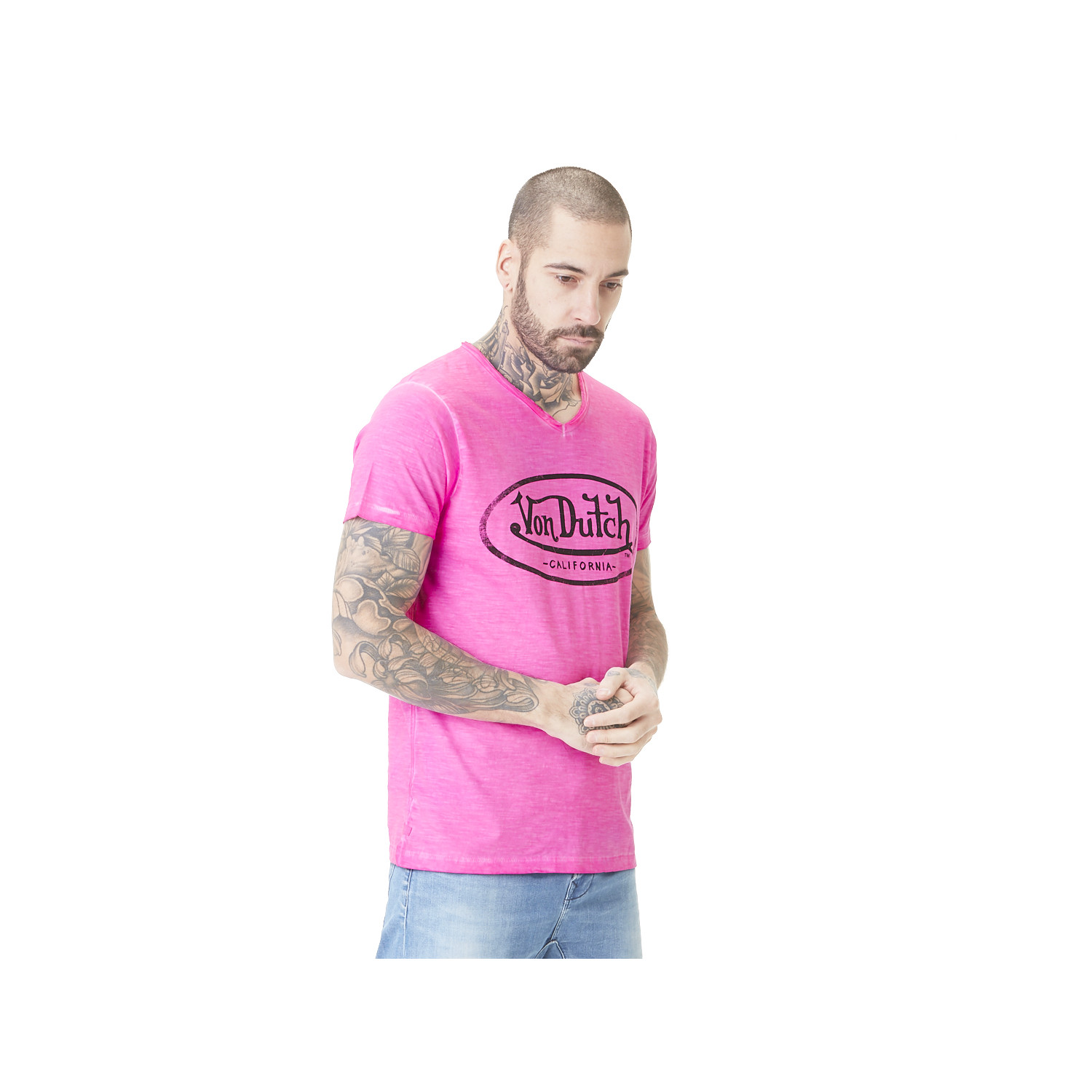 T-shirt homme col V Neon Pink
