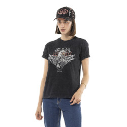 T-shirt femme uni col rond délavé et print devant Motor