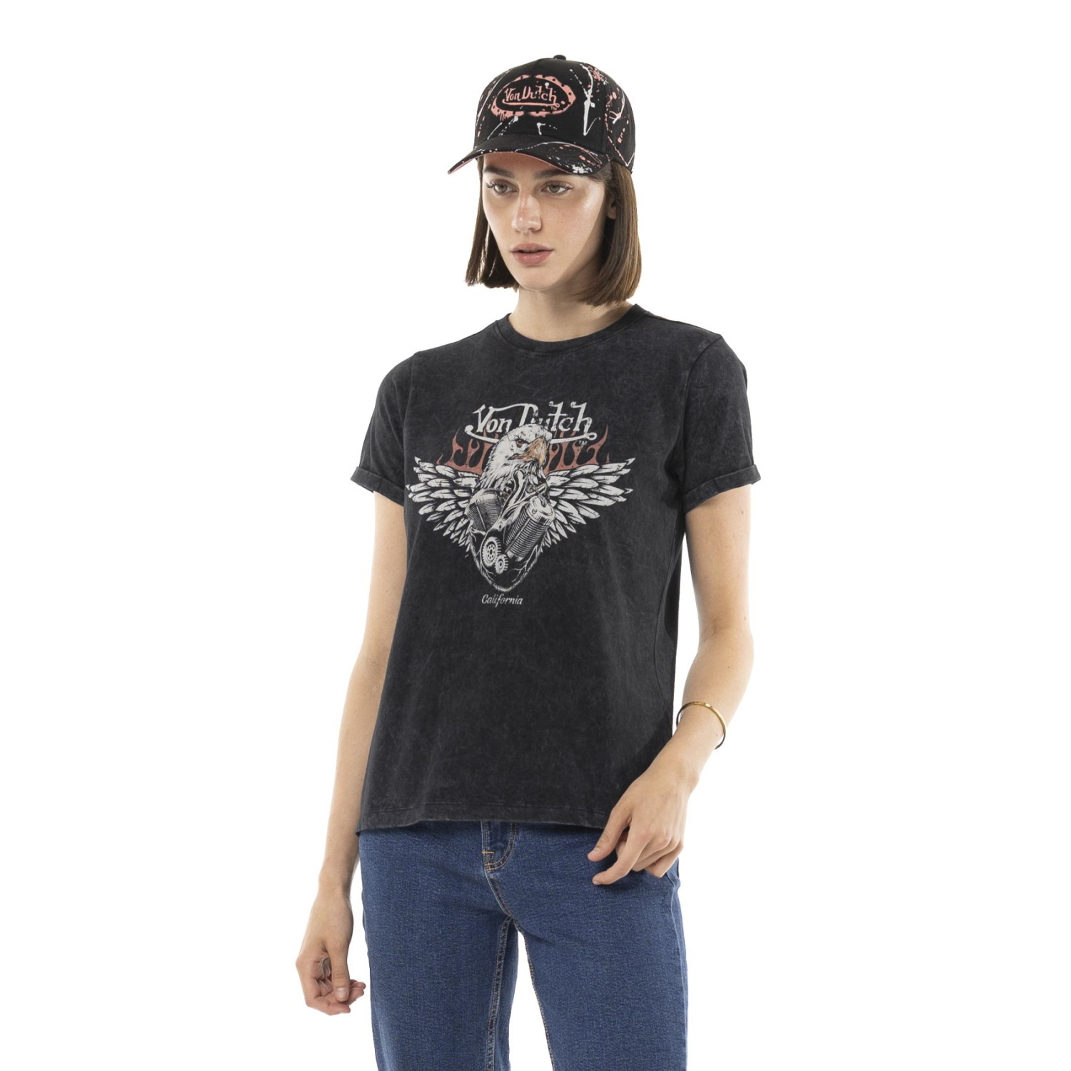 T-shirt femme uni col rond délavé et print devant Motor