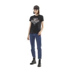 T-shirt femme uni col rond délavé et print devant Motor