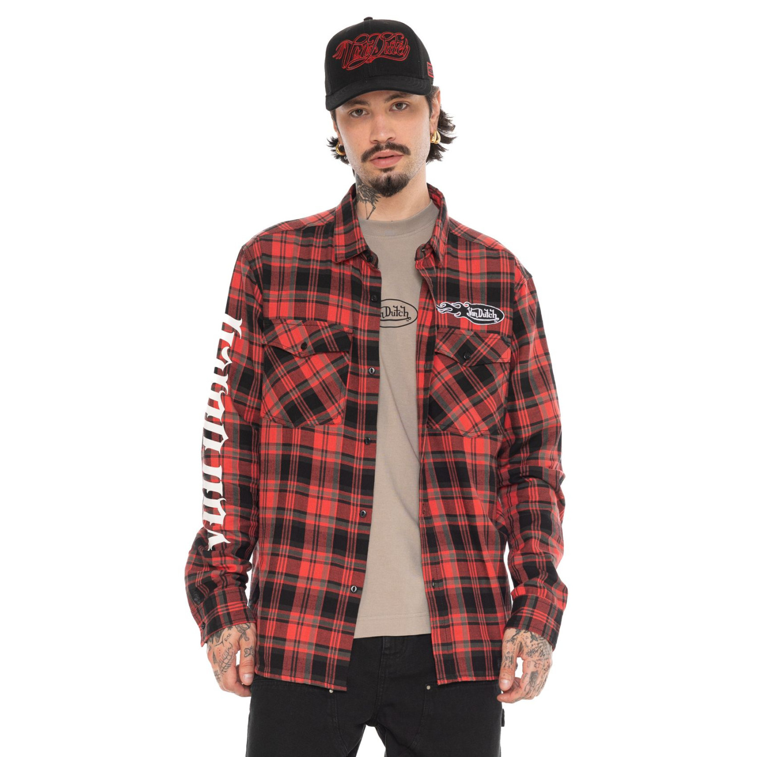 Chemise manche longues à carreaux poches avec print et écusson Juan