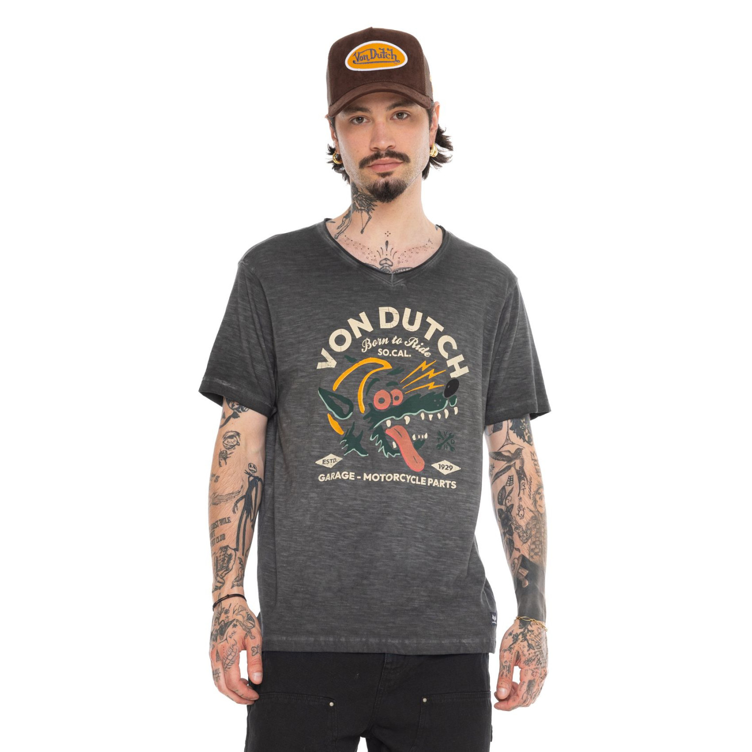 T-shirt homme regular col V en slub avec print devant Wolf