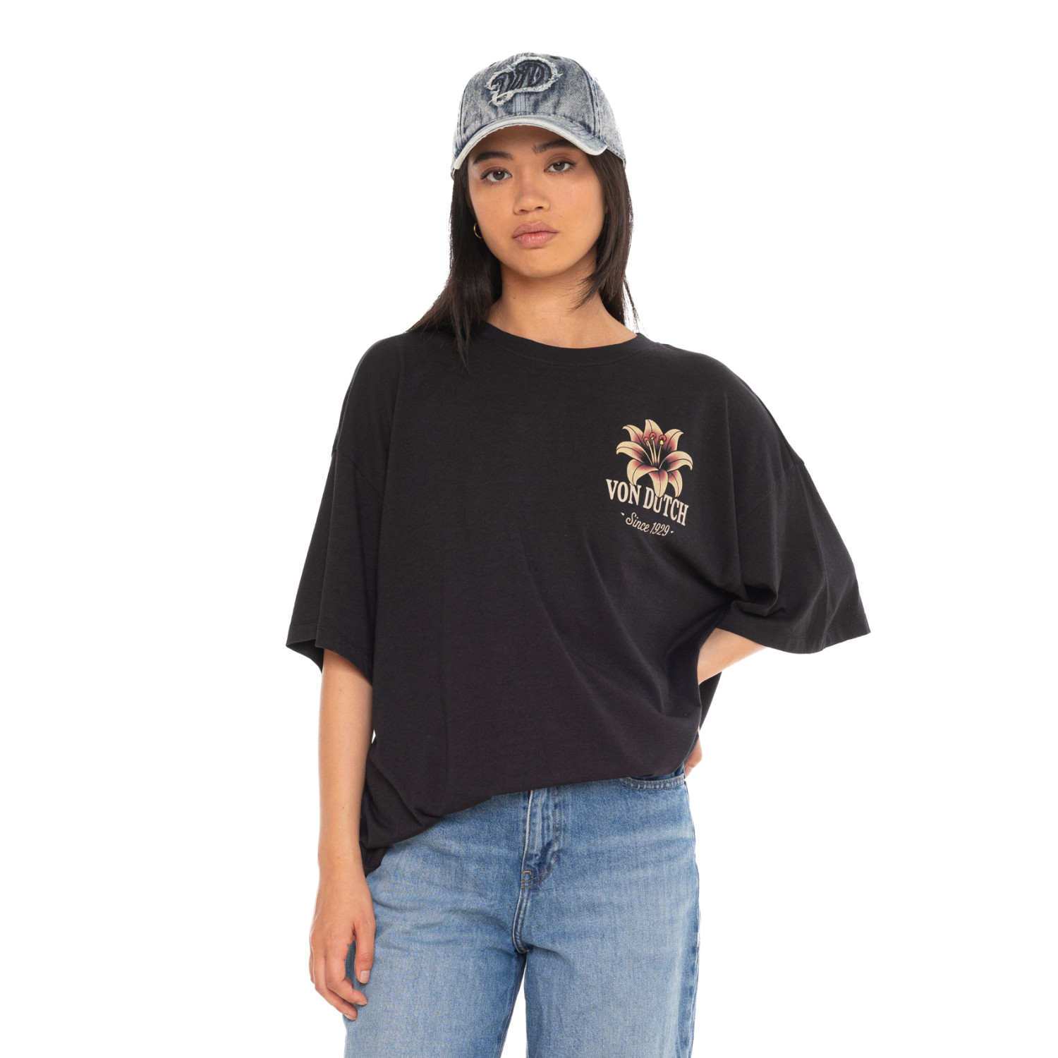T-shirt femme col rond avec imprimé devant et dos Flower