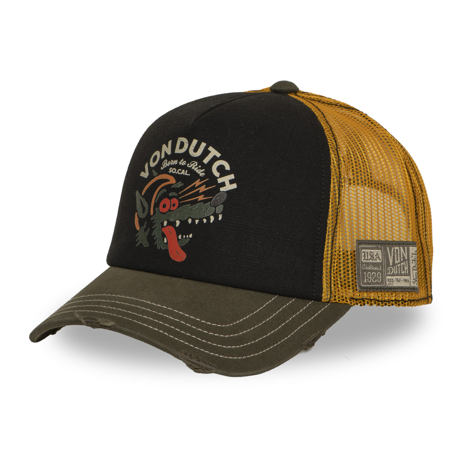 Casquette trucker filet effet usé avec print Crew Wolfy