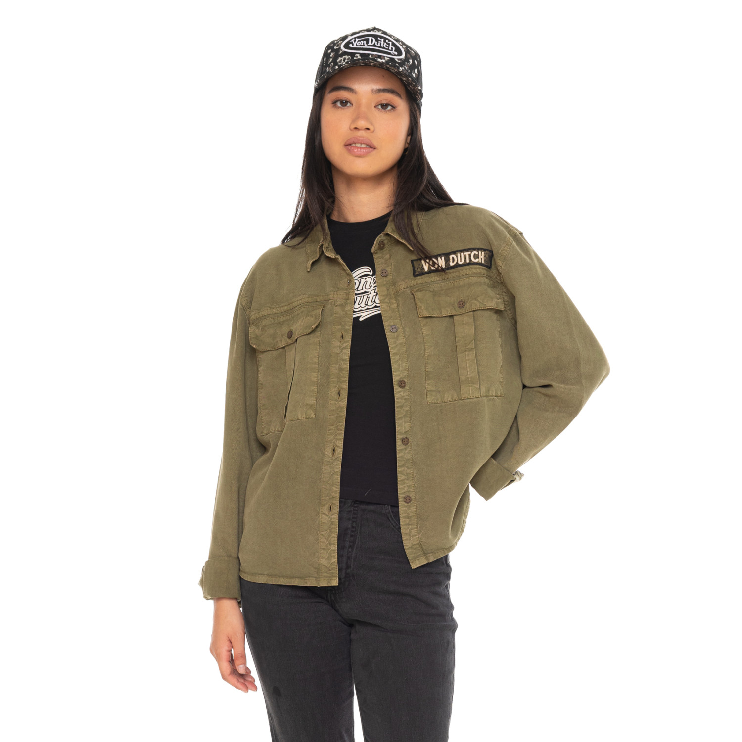 Chemise manches longues femme avec poches broderies et patch Tape