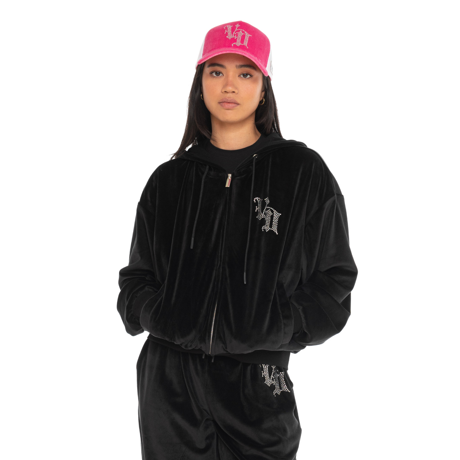 Sweat zippé à capuche femme en velours avec poches et strass Diams