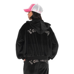 Sweat zippé à capuche femme en velours avec poches et strass Diams
