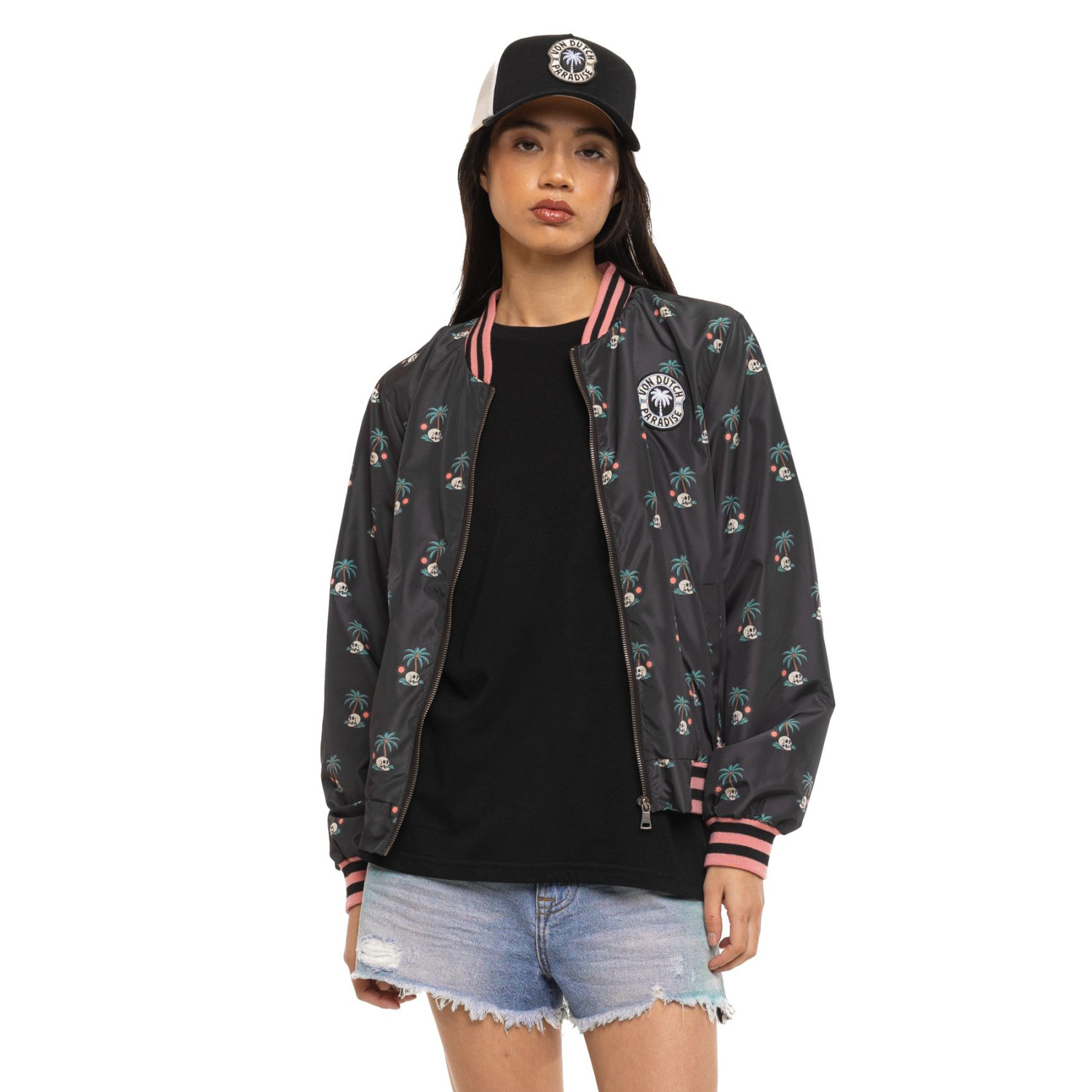 Veste femme satinée allover print avec patch et fil lurex Skull