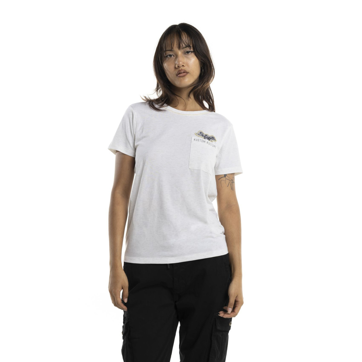 Tee shirt femme avec poche et badge Strass