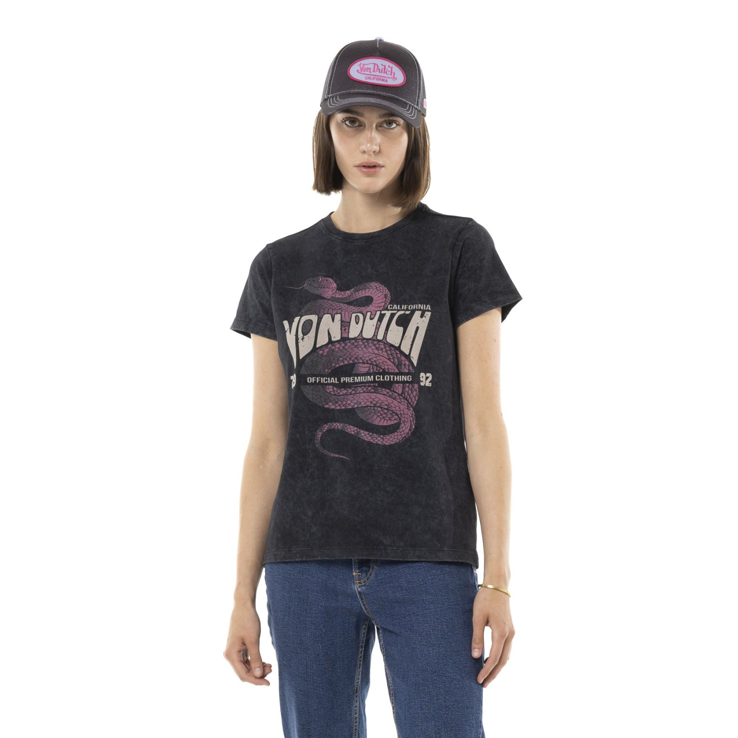 Tee shirt uni délavé avec col rond et print Vipere